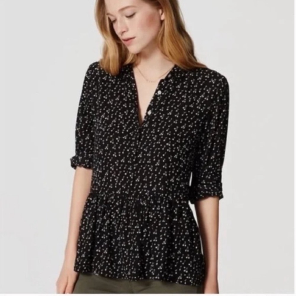 Ann Taylor LOFT Black with White & Pink Cherry Print Peplum Blouse